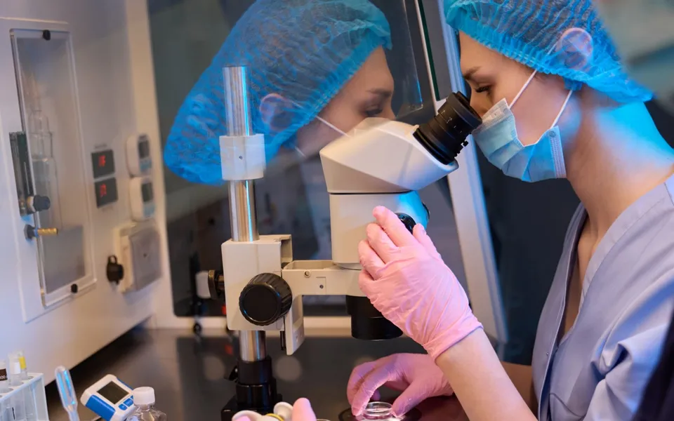 Praca przy mikroskopie w laboratorium